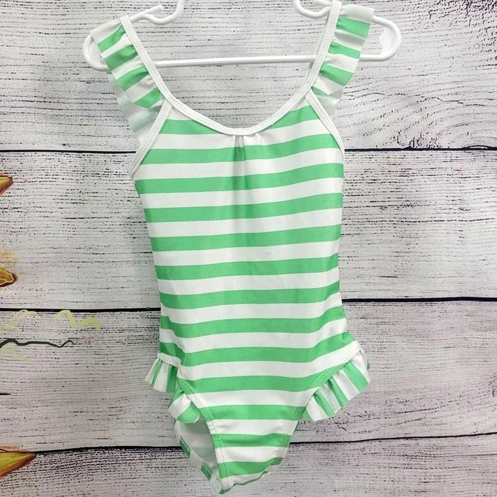 Green and White‎ Stripe Toddler Swim Suit Size 3T Ruffled sleeves/legs Swim Suit